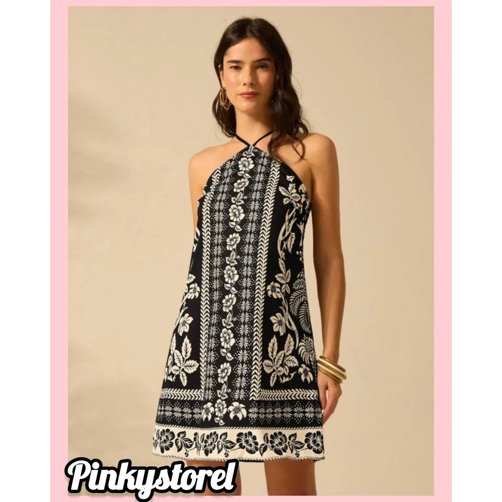 Floral Halter Neck Dress - Black and White - Picture 5 of 7